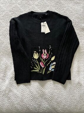 Ted Baker Black Crewneck Sweater with Pink & Green Floral Embroidery